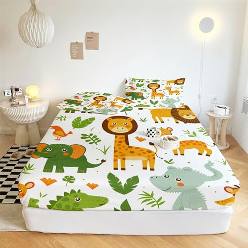 XCQHZYQ Sabanas 90x190 cm Infantil León Animal De Dibujos Animados Juego de Cama para Niños, Sabana Bajera Ajustable Moderna para Adolescentes y Infantil, Ropa de Cama para Casa Dormitorio