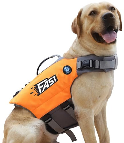 KAJILE Helle Farben Canine Schwimmweste,Hunde-Badeanzug,Sportstil Canine Schwimmweste,Verstellbare Hundeschwimmweste mit Rettungsgriff für Kleine Mittelgroße Hunde,Orange,M