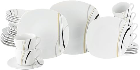 CreaTable, 24030, Série Square City Line, service de vaisselle de 30 pièces, service combiné en porcelaine, compatible lave-vaisselle et micro-ondes, production de qualité.