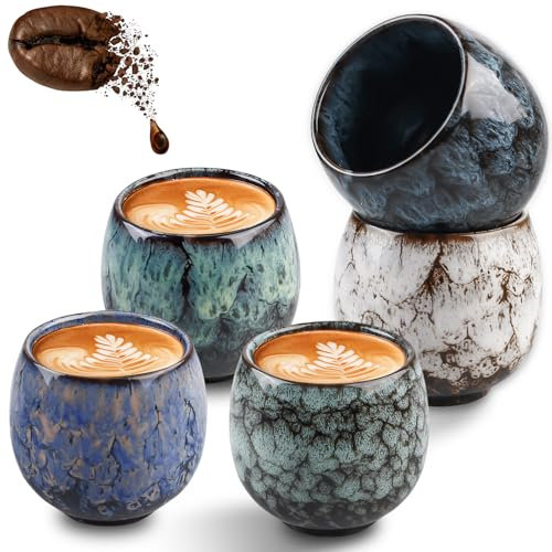 Asfrode Set di 5 tazze da espresso, 100 ml, di alta qualità, in gres porcellanato, senza manico, con pareti spesse, in ceramica, per caffè espresso, moka macchiato