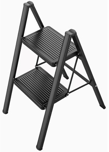 Gr8 Home Black Portable 2 Step Ladder Foldable Stool Non Slip Tread Heavy Duty Metal Steel Compact Lightweight Folding Home DIY Kitchen Aid