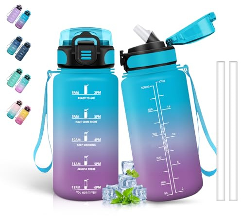 Grsta 500ml Gourde Enfant, Paille, Anti-Fuite, Gourde Graduée pour 1 Journee, Facile à Nettoyer, Bouteille d'eau pour l'École, Voyage, Bleu-Violet
