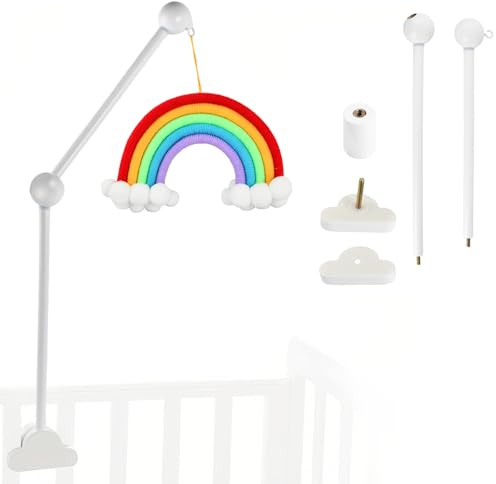 Babybett Mobile Halterung mit Baby Windspiel Hängende, Weiße Wolke & Regenbogen, Abnehmbarer Baby Mobile Halterung Ständer aus Holz, Baby Bett Mobile Aufhänger, 360°Drehbar Baby Bettglocke Halterung