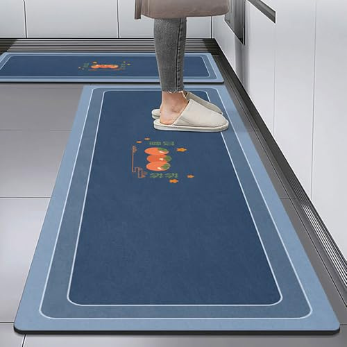 Hixingo Tapis Cuisine Antidérapant, Absorbant Diatomite au Design Abstrait Moderne, Devant Evier Lavable Tapis de Bain Vaisselle Douche (Bleu Kaki,50x150cm)