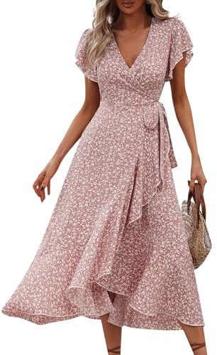 Ansenesna Sommerkleid Damen Lang Elegant Rüschen Wickelkleid Damen Sommer Blumen Sommerkleider Leicht Und Luftig Curvy Strandkleid Frauen V Ausschnitt Tailliert Kleider Geblümt Blumenkleid