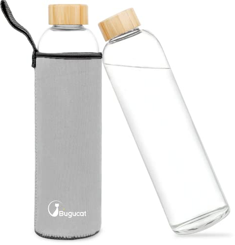 Bugucat Borraccia in vetro da 1 l, con custodia, in vetro borosilicato, caraffa per frullati, succhi di frutta, acqua e bevande, colore: grigio