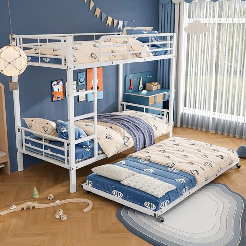 HYUB Etagenbett Metallbett 90x200 cm mit Ausziehbett und Leiter, Stockbett Jugendbett mit Lattenrost und Stauraum, Bettgestell mit Rausfallschutz, Weiß