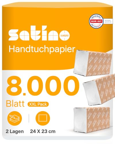 8.000 Papierhandtücher 2-lagig - V-Falz - 24x23cm (gefaltet: 24 x 11,5 cm) - saugstark & fusselfrei - Handtuchpapier aus Recyclingpapier - Papiertücher für PT3, PT4 - Satino