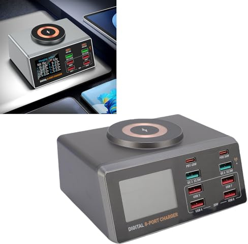 Station de Charge USB, Hub de Chargeur USB PD100W avec Chargeur sans Fil 15W, Contrôle de L'application, Affichage d'alimentation en Temps Réel, pour Smartphone, (Prise UE)