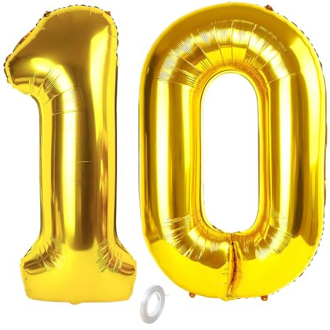 Balorise 40 Inch Giant Gold Foil Balloon Number 10, Inflatable Helium, Large Number 0-9, 10-100 (101 cm), Gold Foil Balloons for Birthday Party and Wedding