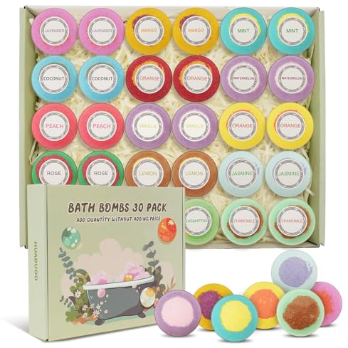 Lot de 30 bombes de bain naturelles biologiques pour homme et femme avec 15 parfums, boules de bain faites à la main avec des pétillants aux couleurs riches, cadeau idéal pour un anniversaire