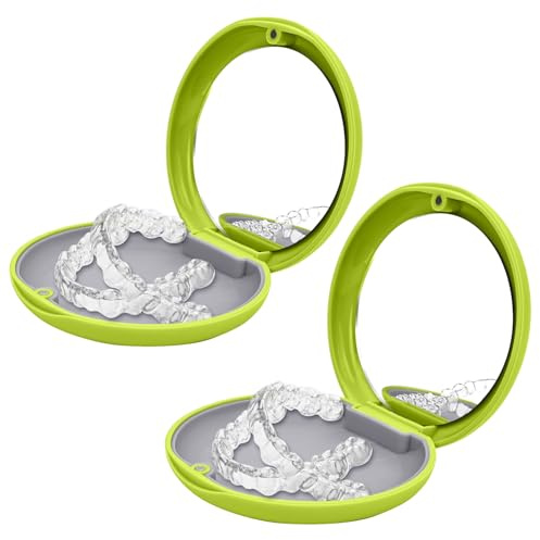 RIVIEVAL 2-pack ortodontiskt retainer-fodral med spegel, smidig portabel tandställningsbox, hållbar förvaringslåda för tandställningar, proteser, blekningsbrickor (Grön)