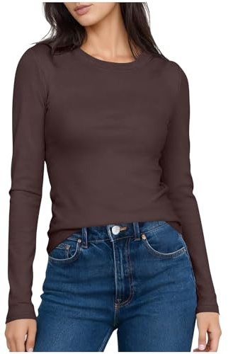 Dyhxuan Camiseta básica de manga larga para mujer, otoño, invierno, térmica, ajustada, manga larga, monocolor, cuello redondo, camiseta cálida de forro polar, marrón oscuro, M
