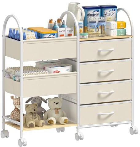 ONWAYHOME Baby Organizer and Storage Cart, 4-Tier Rolling Utility Cart with Wheels, Dividers and Drawers, Easy to Assemble for Nursery, Bedroom & Changing Table, White