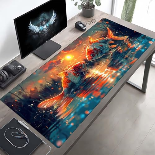 Gaming Mauspad 1600x800x3mm Gaming Mousepad XXL Fisch Gelb Mauspad Schreibtischauflage, Genähte Kanten Mausmat, rutschfeste Gummibasis, Schreibtisch Schutz für Home Büro, Geschenke PjY9130 L-D