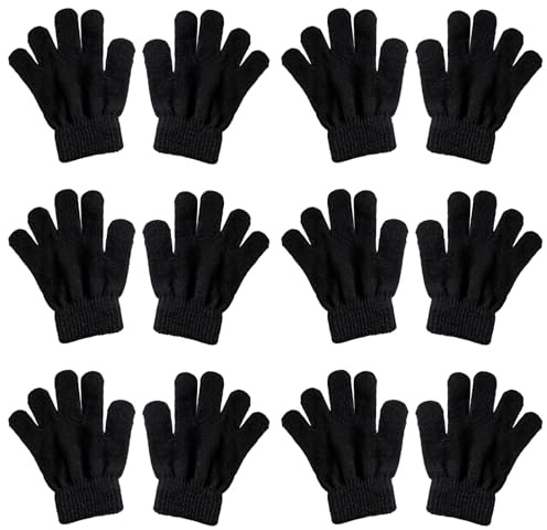 BDGYCK 6 Paare Magic Stretch Handschuhe, Winter Kinderhandschuhe, Kinder Stretch Fäustlinge Warme Baby Strickhandschuhe für Mädchen Jungen, für Kinder 5-13 Jahre Mädchen & Jungen(schwarz)