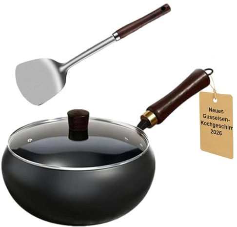 Padella in ghisa pesante non rivestita, 24 cm/28 cm, 2025, in ferro giapponese con coperchio in legno, padella in ferro non rivestita per cottura naturale (nero-b, 28 cm)