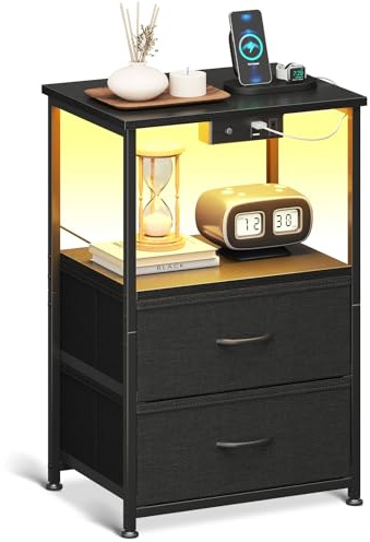Coleshome Nachttisch Weiß, mit 2 USB und 1 Steckdosen und LED