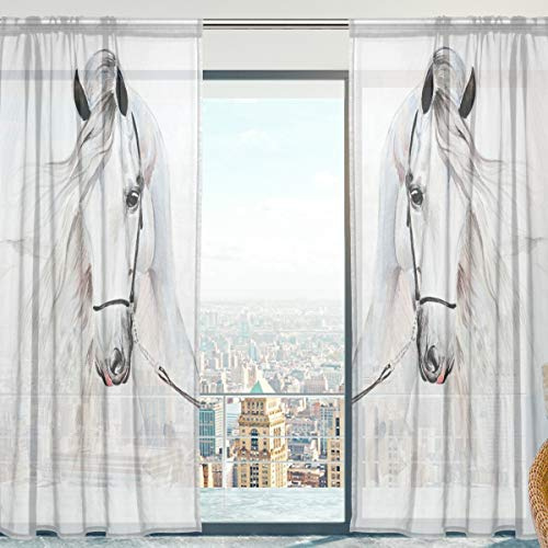 Mnsruu Vorhänge, ultradünn, Motiv: weißes Pferd, weich, für Schlafzimmer, Wohnzimmer, 2 x 213 cm, 2 Vorhänge