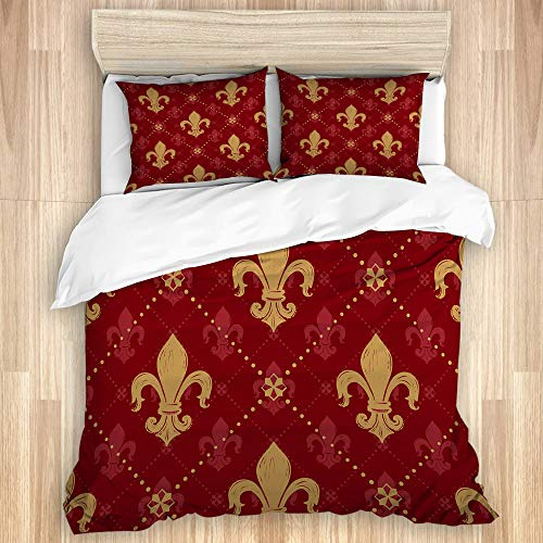 LASINSU Parure de lit Adulte,Héraldique Lys Rouge Cher Roi Doré Lys Fleur Motif Roi Médiéval France Empire Conception,1 Housse de Couette 220x240cm+2 Taies d'Oreillers 50X75CM