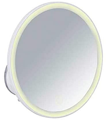 WENKO Espejo mural con LED «Isola», espejo para cosmética con iluminación LED, espejo de maquillaje orientable de forma infinita, aumento de 5 veces para maquillaje y afeitado, función táctil para regular la luminosidad, funciona con pilas, 18,5 x 10,5 cm de diámetro