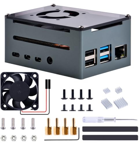 GeeekPi Aluminium Gehäuse für Raspberry Pi 4, POE HAT Gehäuse mit 40mm Lüfter & 4 Stück Kühlkörper für Raspberry Pi 4 Model B 8GB/4GB/2GB, Support PoE Hat