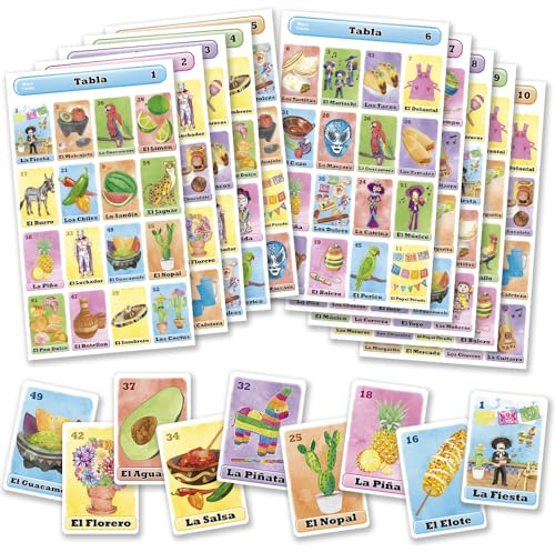 Loteria Fiesta - Juego de bingo en español, mexicano Fiesta Lotería para 10 jugadores, 10 tablas y mazo completo de cartas