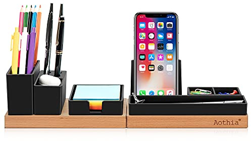 Aothia Organizer da scrivania con portamatite regolabile, supporto per telefono, vassoio per foglietti adesivi, portaoggetti per accessori da scrivania, organizzazione desktop per casa/ufficio(Nero)