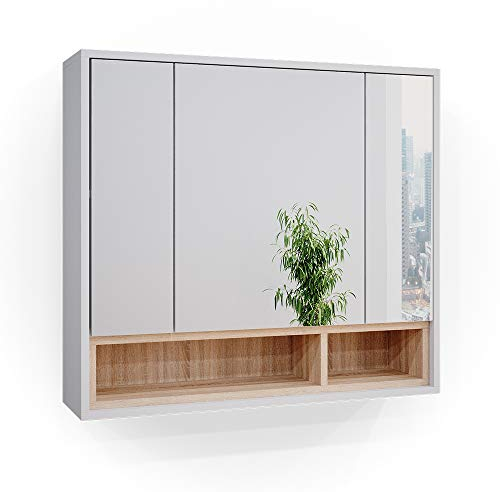 Vicco Badspiegelschrank Beatrice, Badezimmerspiegel, Weiß/Sonoma, 80 x 72 cm