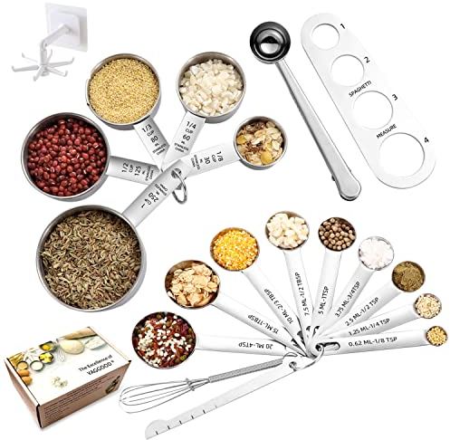 Measuring Spoons and Measuring Cups Set of 19 Pieces, TBSP Measuring Spoons Set with Leveler Scoop/Clip Spaghetti Measurer for Baking, Liquid and Solid