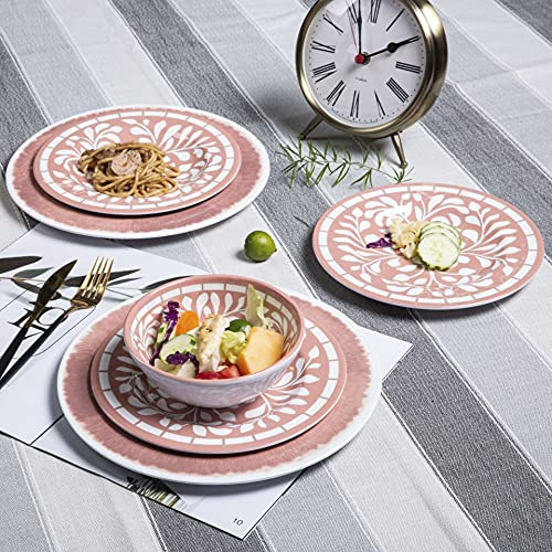 Yinshine Melamine Dinnerware Sets - 12 Pcs Plates and Bowls Set,Unbreakable Dinner Dishes Set for 4,Lightweight, Dishwasher Safe, BPA Free,Indoor Outdoor use, Pink