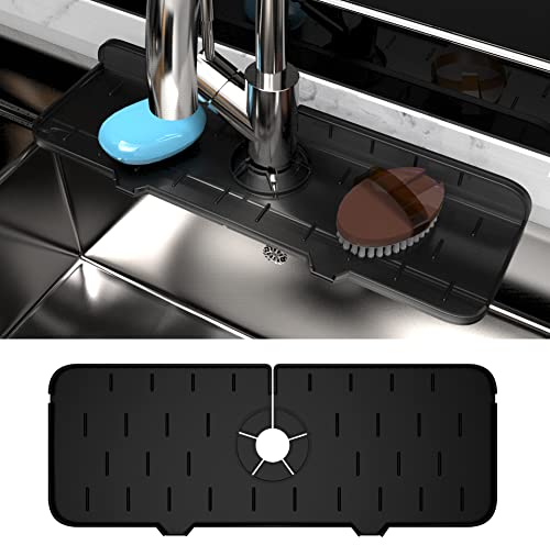 SOSMAR Silicone Faucet Handle Drip Catcher Tray, Faucet Mat for Kitchen Sink Splash Guard, Silicone Sponges Holder Washing Up Liquid Tray, Drying Mat for Kitchen, Bathroom Countertop Protect- Black