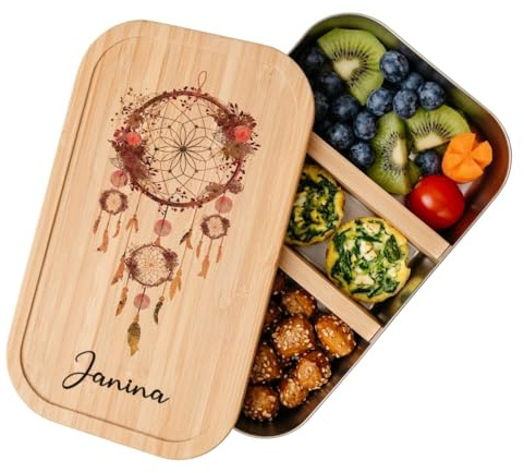 Manufaktur Liebevoll Brotdose mit Namen | Vesperdose personalisiert Kinder | Brotdose für Mädchen | Kinder Lunchbox Kindergarten Schule Brotbox Traumfänger