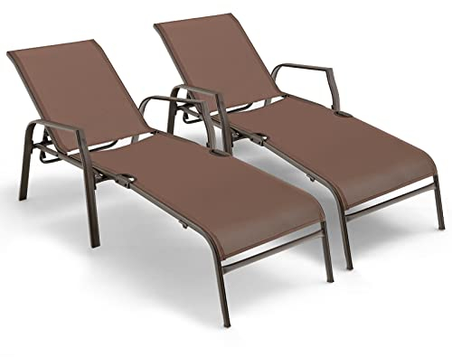 GOPLUS 2er Set Liegestuhl, Gartenliege mit UV-beständigem & atmungsaktivem Mischgewebe, Sonnenliege mit 5 Positionen Verstellung zum Schlafen Lesen Nickerchen, Braun