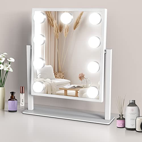 TUREWELL Hollywood Espejo Maquillaje con Luz, Espejo Tocador Lluminado Grande de 3 Colores y 9 Regulables LED Bombillas, Pantalla de Control Táctil y Rotación de 360 Grados (Blanco)