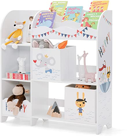 GYMAX Scaffale Portagiochi Bambini, Libreria di Legno, 2 Scatole in Stoffa, Organizzatore per Giocattoli e Liberi, Ideale per Cameretta Ragazzi, Multiuso e Salvaspazio, Bianco