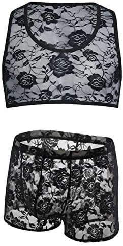 CABULE 2023 Mann Schulter Crop Top Spitze Weste Herren Sexy Brustgeschirr Boxershorts Set Tops Shorts Dessous Kostüm - Schwarz, M