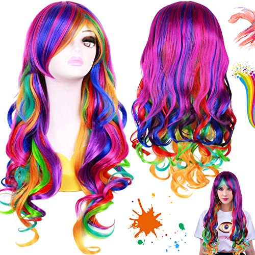 Soundzero Peruk ombre lila peruker äkta hår lockar peruker karneval regnbåge karneval peruk lockar justerbar design 28 tum lämplig för daglig användning, cosplay, halloween