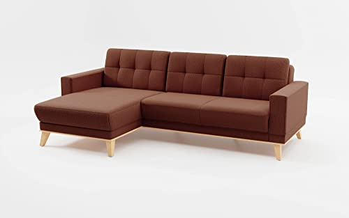 CAVADORE Ecksofa Lima mit Longchair / Couch in L-Form mit Schlaffunktion + Bettkasten / Holzrahmen + Steppung im Rücken / Strukturstoff, Rot-Braun