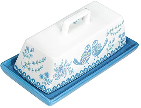Sizikato Beurrier en porcelaine avec couvercle, motif fleur bleue et oiseau, 19 cm