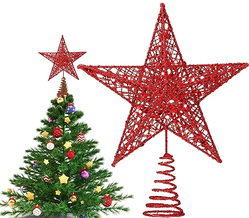 Glitter Metallo Albero Stella - Punta Rossa, Topper Superiore per Decorare Alberi Di Natale - 24cm