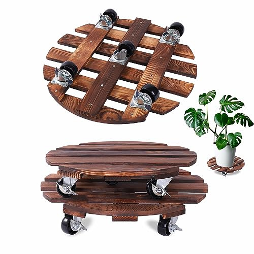 2 Pack Plant Caddy with 5 Wheels, 14 + 12 Rolling Plant Stand 220 LB Heavy Duty Wooden Round Plant Dolly with Metal 360° Lockable Caster Wheels for Outdoor Indoor Large Plant Pots, Flower Pot, Patio