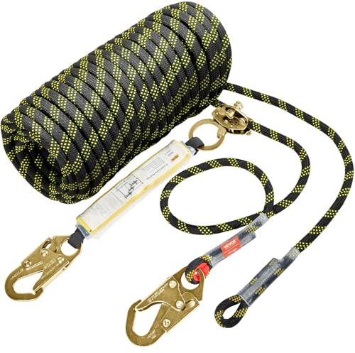 VEVOR Assemblage vertical Lifeline, corde de protection contre les chutes de 1,4 cm x 30 m avec tension de rupture de 30 KN, corde de toiture en polyester avec crochets mousquetons en acier, prise de