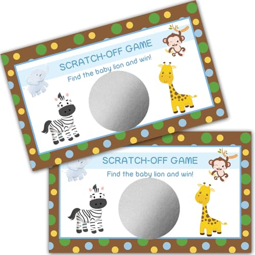 Haizct 50 Pack Animal Theme Scratch Off, Elephant Giraffe Lion Monkey Scratch Card for Birthday Party Lottery Game Group Games, Baby Shower Activity and Idea, Lion Birthday Card