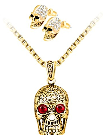 INFINIONLY Herren Damen Edelstahl Halsketten und Ohrringe Schmuck-Sets Creative Totenkopf Ketten Anhänger Mode Totenkopf Ohrstecker Ohrhänger mit Strasssteinen für Jungen Gold