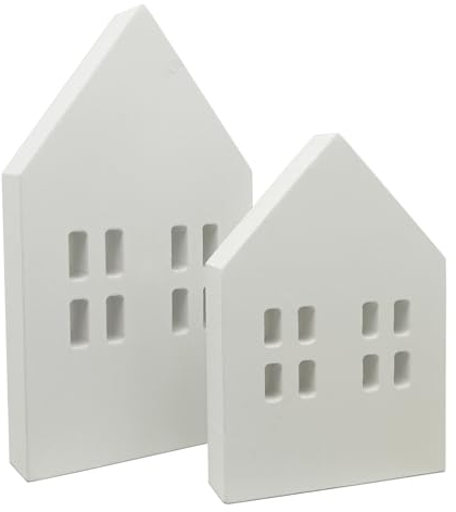 QIAOIDEA Rustikales weißes Holzhaus-förmiges Schild Bauernhaus-Tisch Weihnachtsdekoration Holzhaus Block Tischplatte Weihnachtsdekoration abgestuftes Tablett Kamin Ornament, 2er-Set