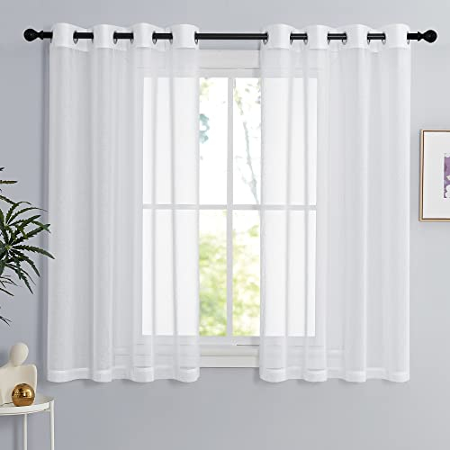 PONY DANCE Tende per Interni Corte Tende Bianche Trasparenti con Effetto Lino per Cucina Voile Curtains per Finestre con Anelli Decorazione Cameretta Bambini 2 Pezzi 140x120 CM