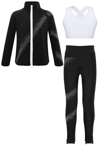iiniim Kinder Mädchen Trainingsanzug Eiskunstlauf Anzug Glitzer Strass Langarm Sweatjacke + Hose Sport Leggings Yoga Gym Eislaufen Tanzkleidung Weiß 146-152