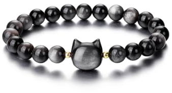 CrystalTears silberner Obsidian Armband Damen 8mm Beads Perlenarmband Damen mit süße Katze Reiki Talisman spirituelle Geschenke