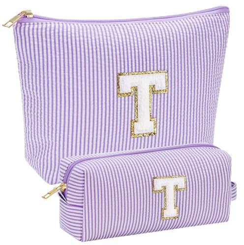 Parima Kosmetiktasche Damen Mädchen - Personalisierte Kosmetiktasche Lila Buchstaben T Kosmetiktaschen Personalisierte Geschenke für Frauen Teenager Mädchen Geschenk für Freundin Trauzeugin Geschenk